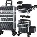 Joligrace Large Rolling Makeup Train Case with Foot-Brake Wheels, Removable Shoulder-Strap Makeup Carrying Case, Adjustable Compartments, Built-in Nail Polish Drawer, and Detachable Drawer (Black)