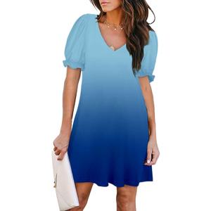 Aloodor Women's Casual Dresses Short Sleeve V-Neck Dress with Pockets, Blue, XL