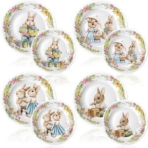 8 Pcs Easter Salad Plates Bunny Plates 8 Inch 10 Inch Easter Dishes Dinnerware Sets Ceramic-like Assorted Designs Spring Rabbit Plate for Dinner Salad Dessert Party Supplies (Cute)
