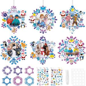 24 PCS Winter Picture Frame Ornaments Paper Christmas DIY Photo Frame Craft Set Hanging Decorations For Christmas Tree Decor (Snowflake)