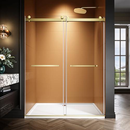 44-48" W x 76" H Frameless Double Sliding Glass Shower Door, 5/16" (8mm) Clear Tempered Glass with Explosion-Proof Film, Bypass Sliding Shower Door for Bathroom (Brushed Gold, 48" W x 76" H)