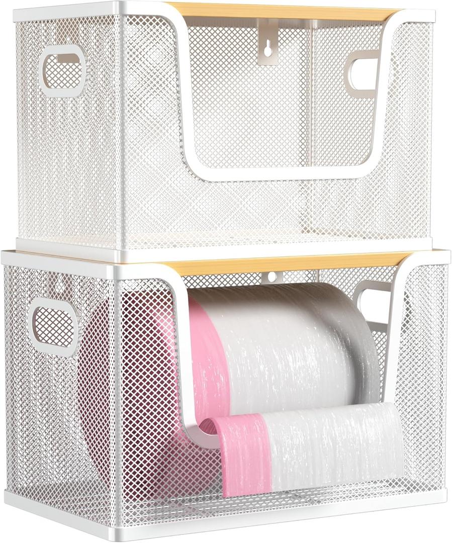 Orapoke 2 Pack Trash Bag Holder with Bamboo Cover, Metal Garbage Bag Dispenser for Kitchen Organization and Storage, Stackable Trash Bags Dispenser Under Sink Organizer Fit 13/30 Gallon Roll, White