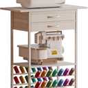 Rolling Sewing Machine Table with 2 Fabric DrawersCraft Table on Wheel with Spools Thread HolderPortable Sewing Cabinet for Embroidery Machine with 3 Open Shelves for Small Spaces (White)
