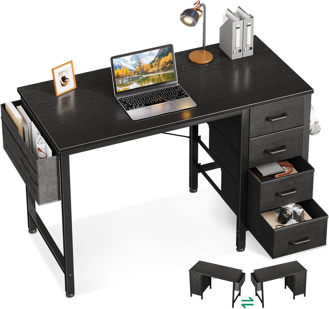 Casaottima 32-Inch Small Computer Desk with 4 Fabric Drawers  Home Office Desks with Storage, Writing Desk with Side Hook and Cloth Bag, Modern Study/Work Table for Bedroom and Small Space, Black (32 Inch, Black)