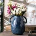 Sowlvenco Blue Ceramic Vase with 2 Handles for Modern Farmhouse Home Decor, Vintage Rustic Decorative Vases, Small Vase for Fresh and Dried Flowers, Centerpiece Table Decorations, 7 Inch