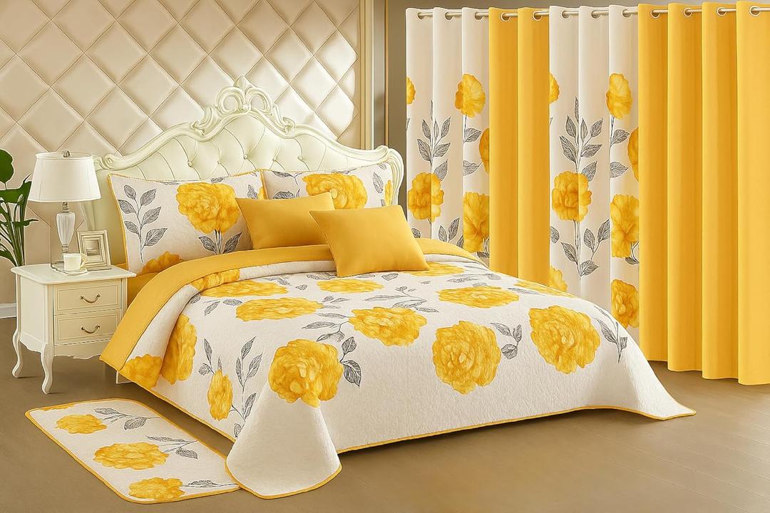 Queen Size Quilt 12 Piece Set Floral Bedding with Matching Curtains Fitted Sheet Yellow Queen