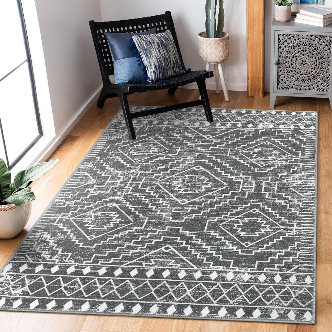 Wonnitar Moroccan 3x5 Washable Area Rug, Boho Living Room Rug, Non-Slip Farmhouse Rustic Bedroom Throw Mat, Non-Shedding Soft Geometric Floor Carpet for Kitchen Entry Office (Dark Grey,3'x5')