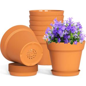 4 Inch Plastic Plant Pots with Drainage Holes and Trays  8 Pack Small Nursery Pots for Indoor & Outdoor House Plants and Flowers, Seedling Starter Planters, Terracotta