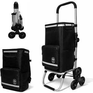 Foldable Stair Climbing Shopping Cart with Wheels – 3-in-1 Grocery Trolley, Backpack & Hand Truck – Lightweight Aluminum Frame, Waterproof Insulated Bag, Side Pockets – Cart for Groceries & Laundry