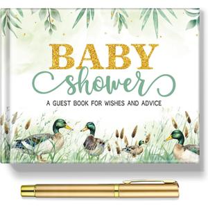 Fuyoooo 27 Pcs Mallard Duck Baby Shower Guest Book Set Baby Shower Sign in Guest Duck a Little Hunter is on the Way Book Place Table Cards with Gold Pen Adhesive Photo Corner for Birthday Party