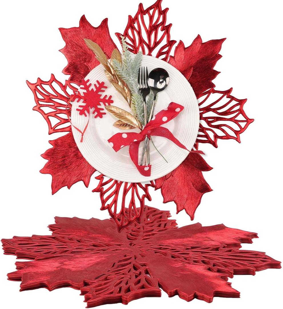 AHHFSMEI Round Vinyl Metallic Placemats Set of 6 Heat-Resistant Decorative Non-Slip 15 inches Table Mats Place Mats (red Flower)