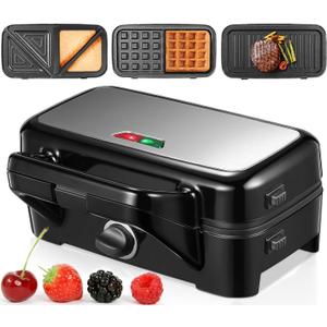 HOUSNAT Sandwich Maker, 3 in 1 Waffle Maker with Removable Plates, 1200W Panini Press with Interchangeable Non-Stick Plates, Indicator Lights, 5-gear Temperature Control (Black)