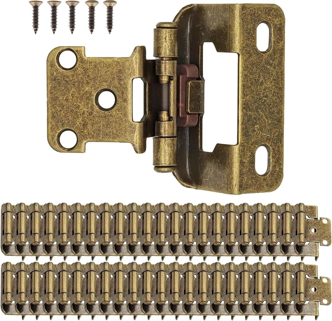 1/2" Overlay Partial Wrap Kitchen Cabinet Hinges, Antique Brass Self Closing Cabinet Hinge for Kitchen Cabinet Doors,50 Pack (25 Pairs)