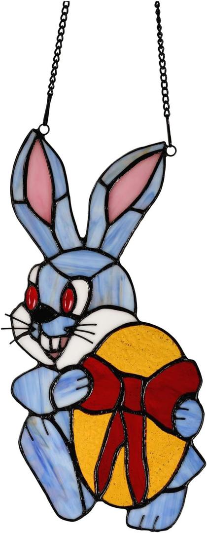 PA0019 Rabbit Stained Glass Window Panel Tiffany Style Hangings W 5.5" x H 12" Handcrafted Bunny Art Decoration for Home Office (Bunny) (Bunny and Egg)