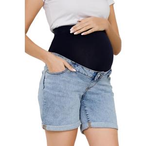 OVRUNS Women Maternity Jean Shorts Over The Belly Stretchy Comfy Rolled Cuff Pregnancy Denim Shorts with Pockets (Blue, L)