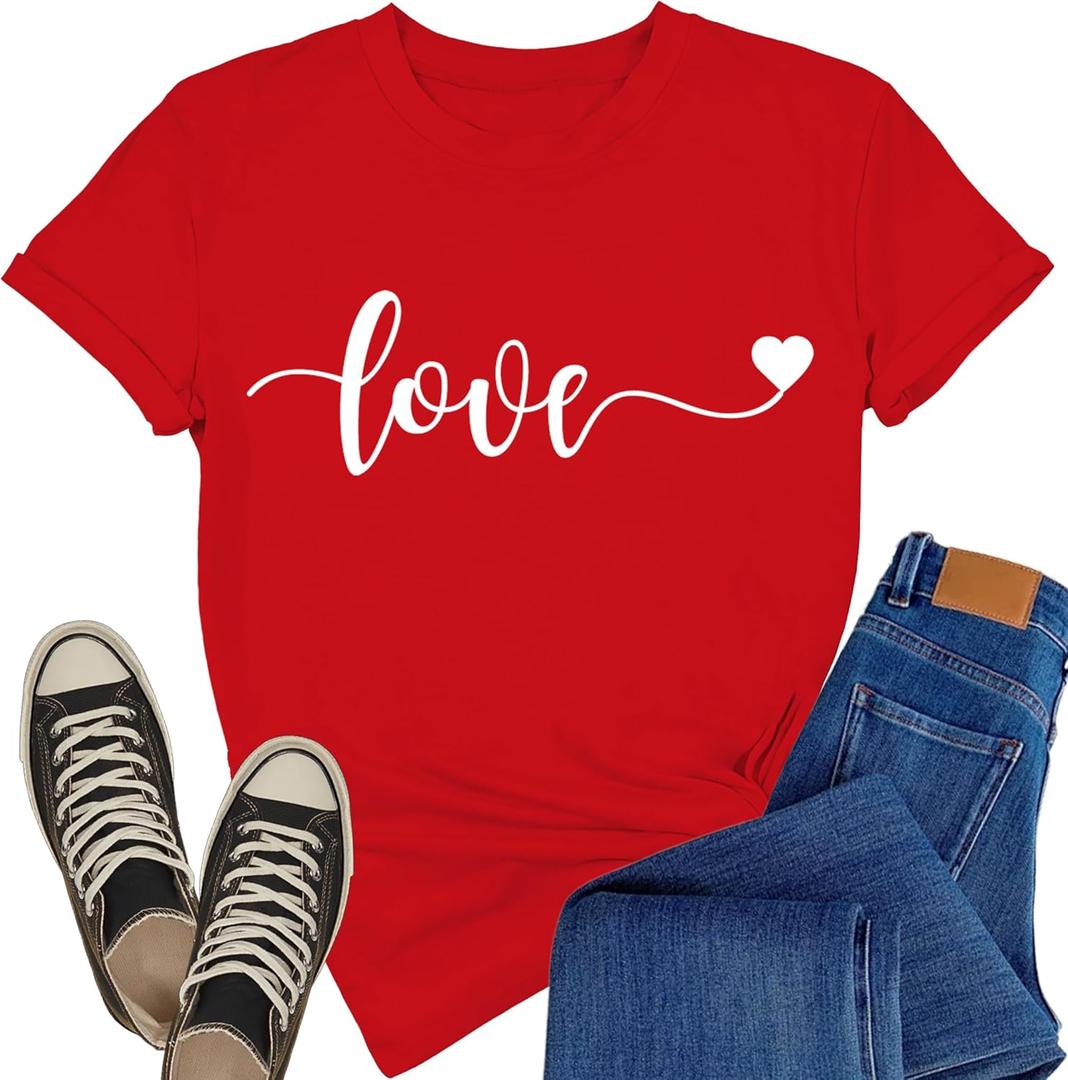 Valentines Day Shirt for Women Valentines Love Heart T-Shirts Romantic Love Tee Tops (XX-Large, Red)