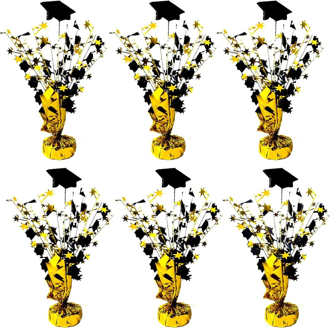 FUBININA 6 Pack 2026 Graduation Table Centerpiece Party Decoration Metallic Foil Spray Glitter Graduate Cap Decor Star Table Top for Graduation Parties Grad Ceremonies Party Favor, Black and Gold