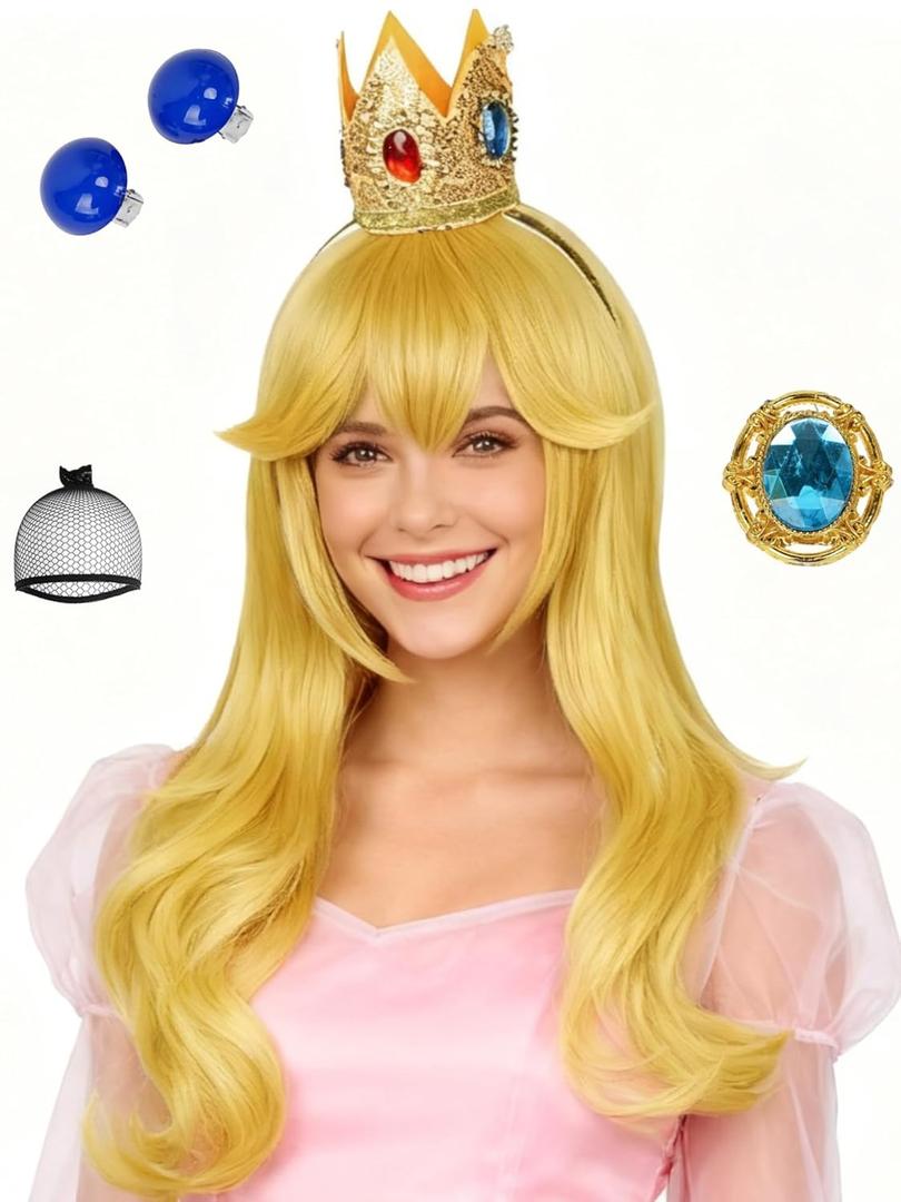 Blonde Curly Princess Costume Wig Set Long Blonde Wave Princess Cosplay Wigs with Bangs 25.6'' Light Golden Synthetic Hair for Women Halloween Party