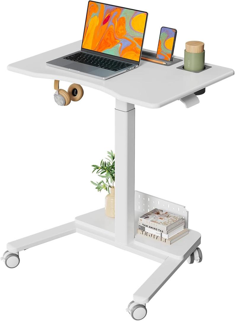 28" Mobile Standing Desk with Storage, Rolling Laptop Desk | Height Adjustable Portable Desk with Wheels & Cup Holder, Stand up Desk for Study, Ideal for Home Office, Classroom, White