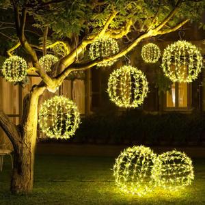 Joomer Solar Lights Outdoor, 2 Pack 12in 120 LED Solar Hanging Light Balls Outdoor, 8 Modes Waterproof Foldable Metal Sphere Light with Hook for Outside Hanging - Warm White