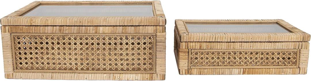 Creative Co-Op Modern Decorative Rectangle Woven Rattan and Wood Display Boxes with Glass Top, Set of 2 Sizes, Natural Finish