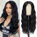 Black Wig-Long Black Wavy Wigs for Women Middle Part 26 inch Natural Curly Synthetic Wig Heat Resistant Fiber Wigs for Daily Party Use