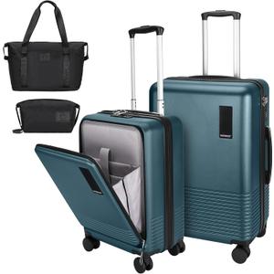 2 Piece Luggage Sets with Spinner Wheels Front Open Pocket, ABS+PC Suitcase with TSA Lock & YKK Zipper, Carry On 20/24 inch Medium +Toiletry Bag+Handbag, Teal Blue