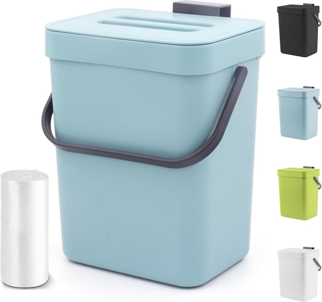 1.3 Gallon Small Trash Can with Lid - Countertop Food Waste Bin, Kitchen Hanging Trash Can for Cabinet Door/Under Sink, Small Garbage Can for Desk, 5L(Subtle Blue)