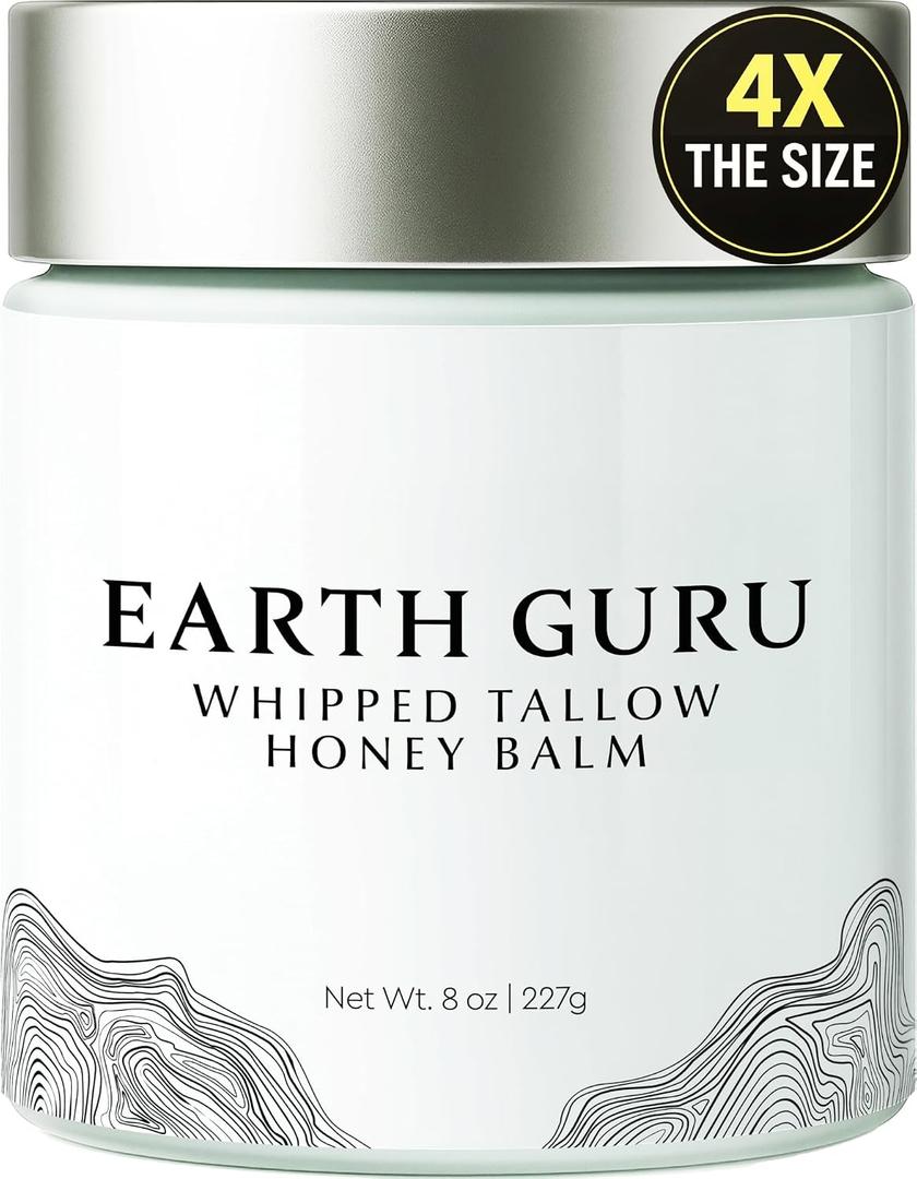 Earth Guru XL 8 OZ Whipped Beef Tallow for Skin,100% Natural Beef Tallow and Honey Balm, Face Moisturizer & Body Lotion Cream, Grass-Fed & Finished, Sebo De Res Para La Cara, Organic Olive Oil, Manuka