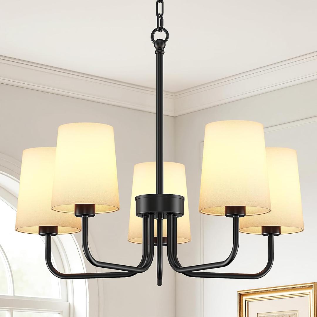 BLNAN Chandelier, 5-Light Black Farmhouse Chandeliers for Dining Room, Height Adjustable Dining Room Light Fixture with White Fabric Shade, Chandelier for Living Room, Bedroom, Kitchen, Entryway, 25-inch