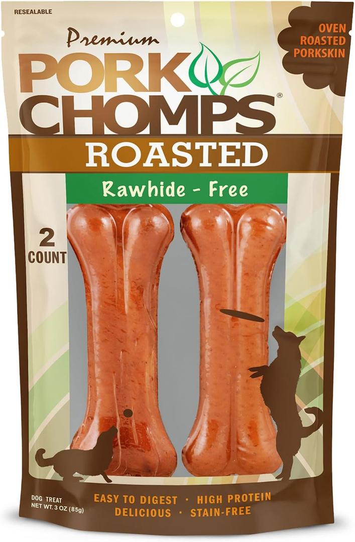 Pork Chomps Roasted Pressed Pork Skin Dog Chews, 4.5-inch Bone, 2 Count (EXP 06/12/28)
