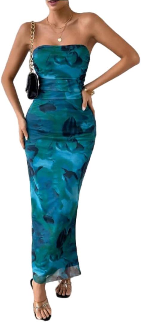 LIGHT DOT Women's Summer Dress Printed Strapless Tube Bodycon Maxi Side Slit Mesh Layered (Blue)