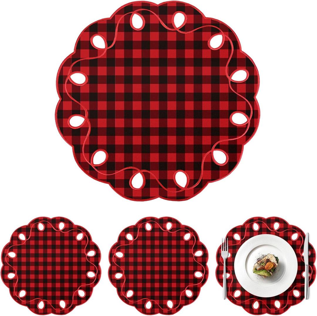Set of 4 Christmas Placemats 15 Inch Scalloped Cotton Linen Placemats Embroidery Christmas Buffalo Plaid Placemat Washable Red and Black Plaid Place Mats for Xmas Holiday Dinner Table Setting Decor
