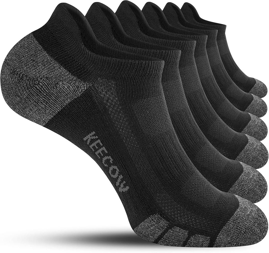 KEECOW Ankle Athletic Running Cushioned Socks for Men & Women No Show Low Cut Sports Cotton Tab Socks 6 Pairs (Large, Black)