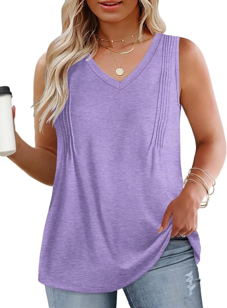 2 x DOLNINE Plus-Size-Womens-Tank-Tops Summer V Neck Sleeveless Shirts Cute Flowy Pleated Blouses Casual Loose Fit Tunics XL-5XL (Teal, XL)