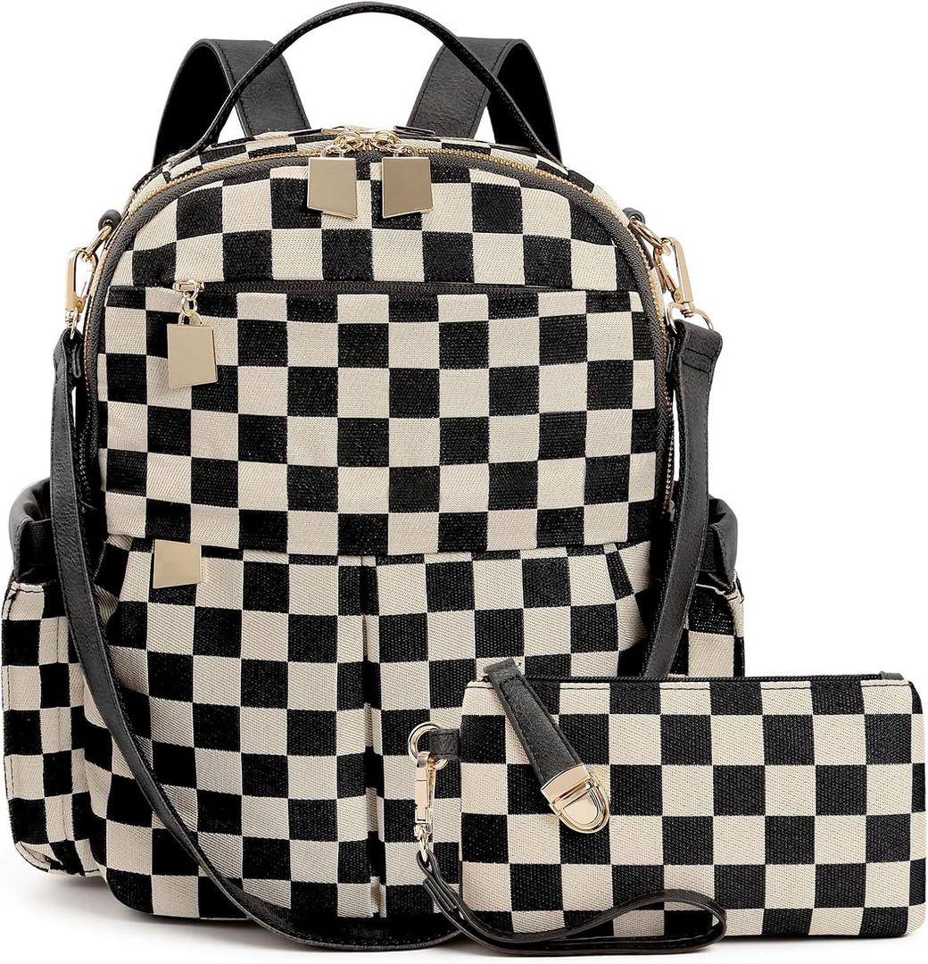 Checkered Backpack Purse for Women Plaid Back Pack Purses Leather Backpack Bags Handbags for Travel Work (Black)