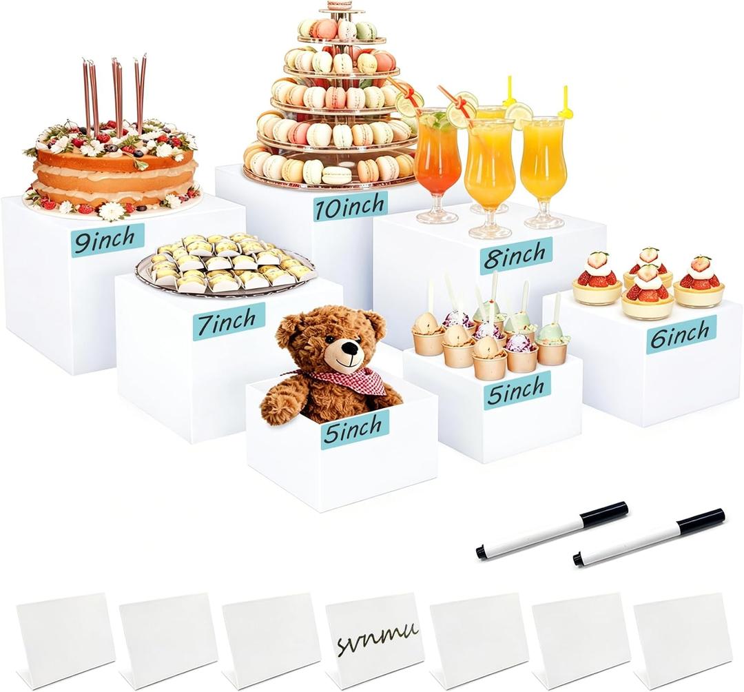 7pcs Acrylic Buffet Risers Set Nestable Cube Display Stands Large Food Display Shelves for Dessert Table Catering Parties Wedding Jewelry Collectibles Figures(Size 10" 9" 8" 7" 6" 5" 5",White)