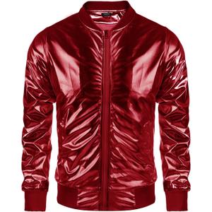COOFANDY Men's Metallic Jacket 70s Disco Party Varsity Jacket Zip-up Baseball Bomber (Red, S)