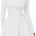Kaximil Women's Crew Neck Long Sleeve Corset Mini Dress Ruffle Hem Short Party Club Dresses (White)