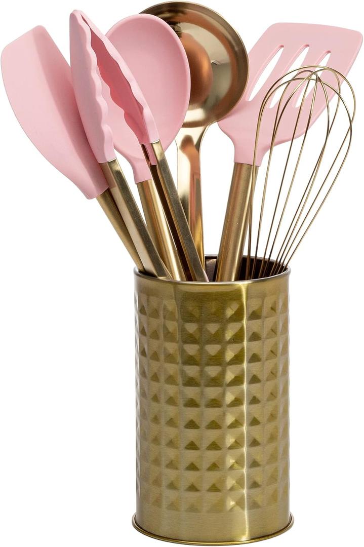 Paris Hilton Kitchen Set Tool Crock with Silicone Cooking Utensils, Stainless Steel Whisk and Ladle, Pink and Gold