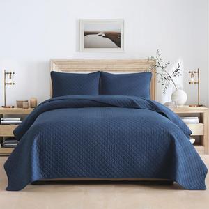 Cotton Quilt Bedding Sets Queen Size, 3 Pieces Reversible Lightweight Coverlets Comforters Bedspreads for All Seasons,Geometric Stitching Pattern,Navy Blue (Queen (90 by 98inch))