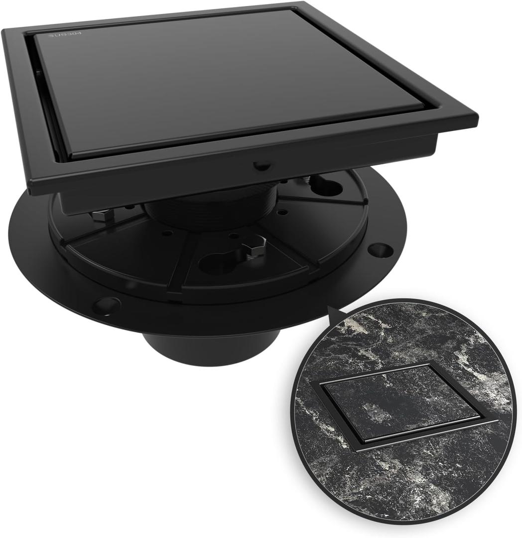 6 Inch Square Shower Drain Black Floor Drain with Flange Reversible 2-in-1 Cover Tile Insert Grate Removable SUS304 Stainless Steel CUPC Certified Matte Black