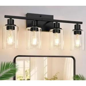 Blinghy 4-Light Bathroom Light Fixtures, Black Modern Vanity Light with Clear Glass Shade, Bathroom Lighting Fixtures Over Mirror, Bathroom Wall Sconce Lights for Mirror Living Room Bedroom Hallway