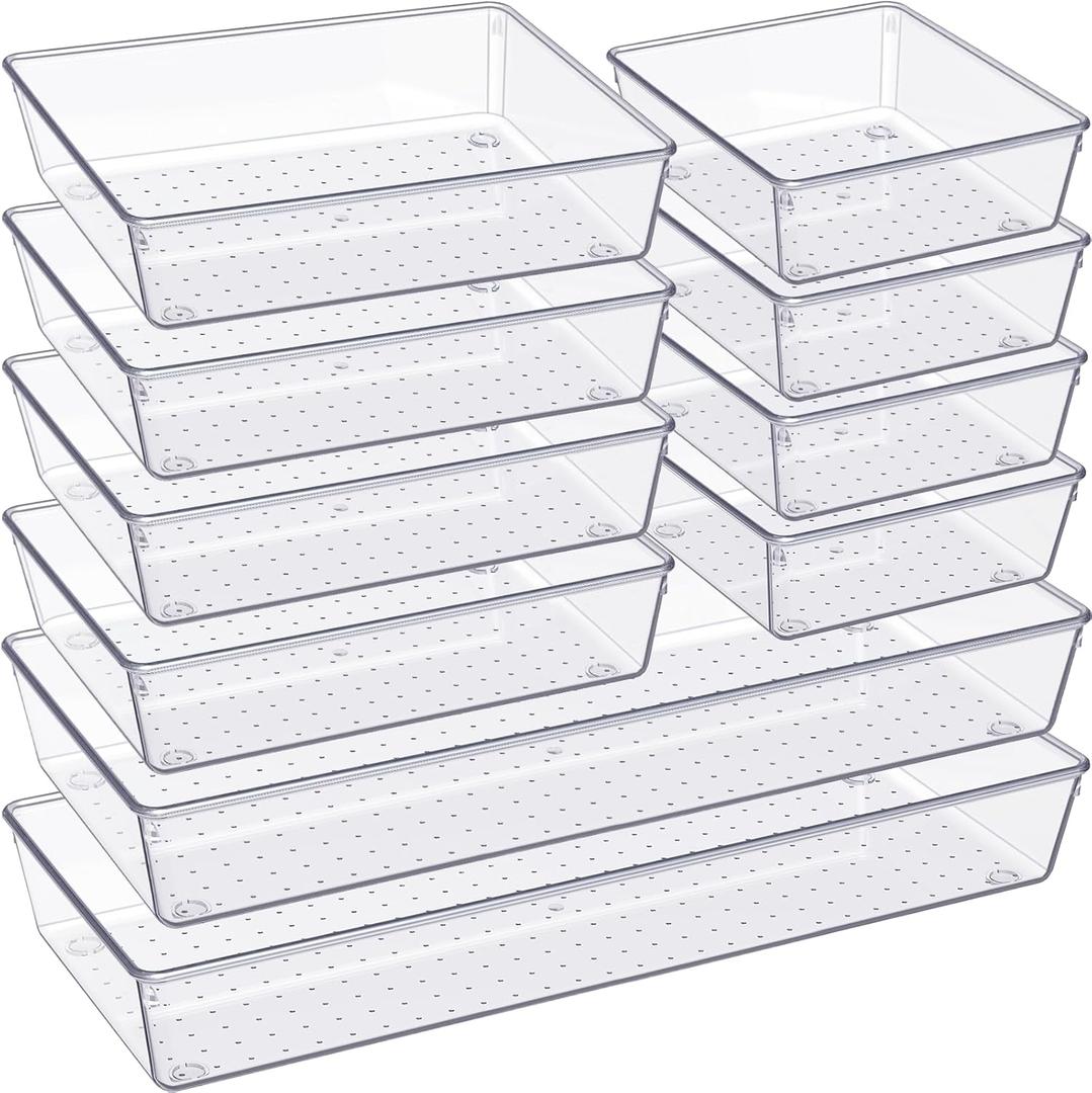 Criusia Drawer Organizer, 10 Pack Large Clear Plastic Set, 3 Size Versatile Bathroom and Vanity Organizer Trays, Storage Bins for Makeup, Bedroom, Kitchen Utensils