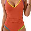 One Piece Swimsuit for Women Tummy Control Slimming Bathing Suit Color Block V Neck Swimwear (Large, Coral)