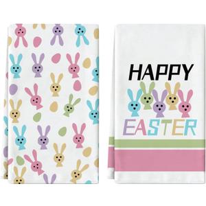 CAIBO Easter Kitchen Towels Set of 2 Cartoon Rabbit Bunny Dish Towel Tea Towels for Kitchen 16x27 Inch Spring Holiday Cooking Baking Cleaning