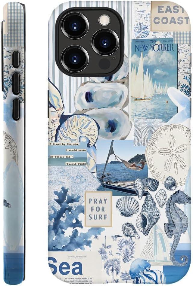 TnXee Case Compatible with iPhone 15 Pro,Fall Prevention Hybrid 2-Layer Hard Shell Cases for Girls Boys,Seashell Ocean Blue Retro Collage