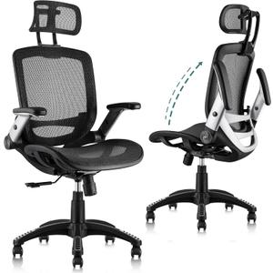 GABRYLLY Ergonomic Office Chair, High Back Home Desk Chair with Headrest, Flip-Up Arms, 90-120 Tilt Lock and Wide Cushion, Big and Tall Mesh Chairs for Man Woman, Black Task Chair (Black)