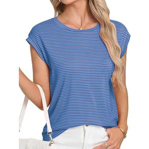LA BAISEO Womens Casual Cap Short Sleeve Striped Tops Summer Open Back T-Shirts Crew Neck Basic Shirts L