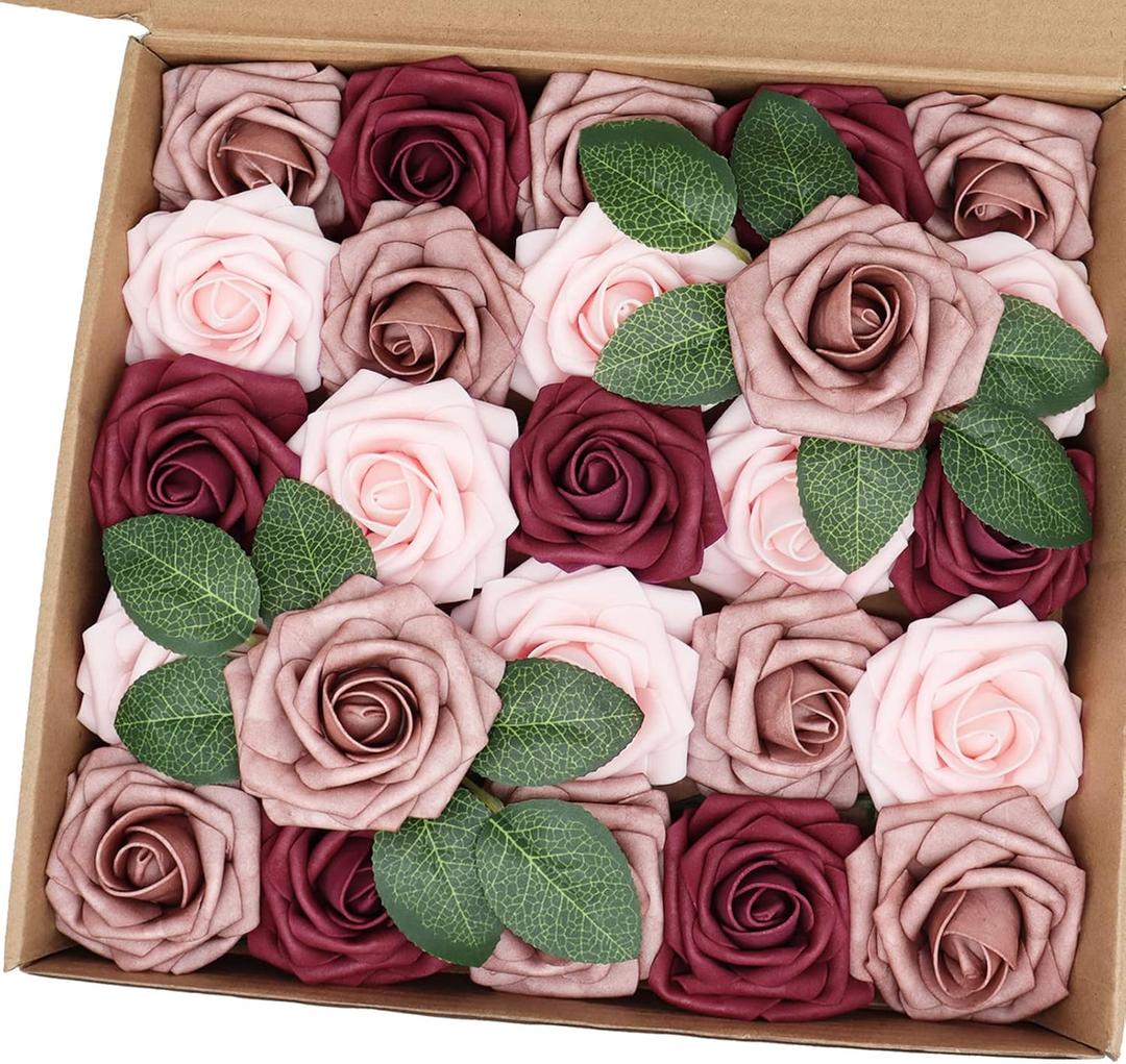 Artificial Flowers 25PCS Real Looking Blush & Dusty Rose & Burgundy Fake Roses with Stem for DIY Wedding Bouquets Centerpieces Baby Shower Party Home Decorations
